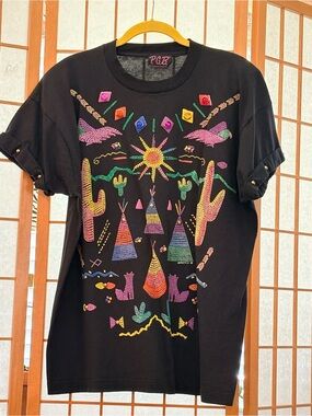 PGB Black Short Sleeve Tee with Colorful Embroidered Desert Motif Vintage Large
